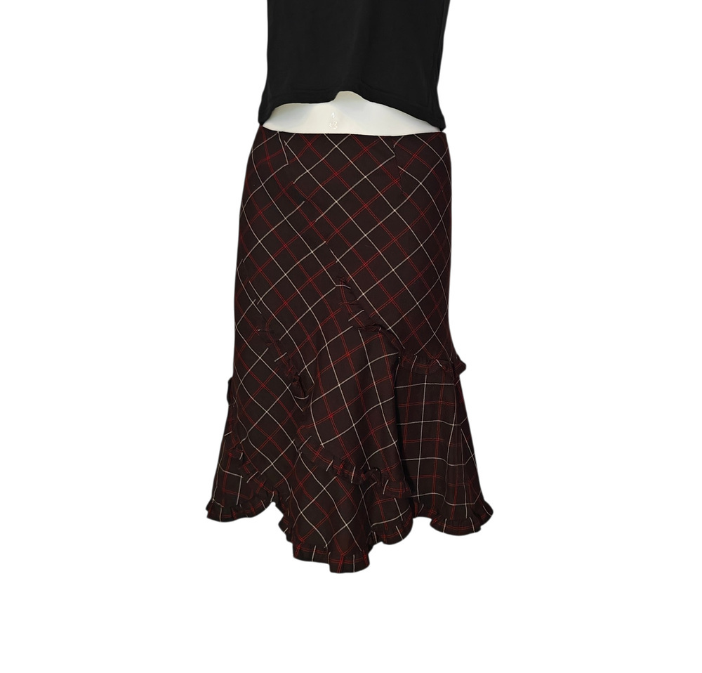 Elbonny Plaid Ruffle Midi Skirt Brown Red Windowpane Flounce Hem Size 64 Japan